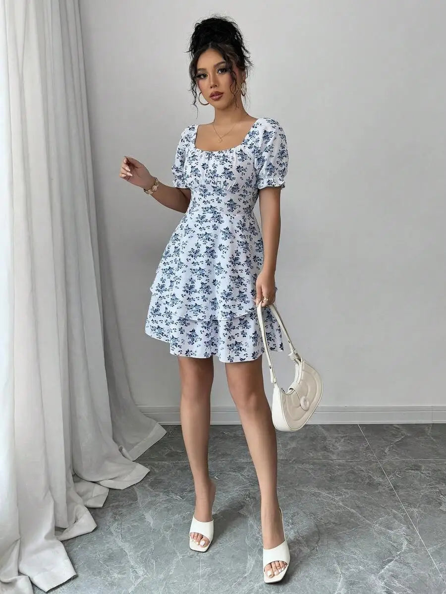 Women'S Casual Ditsy Floral Mini Dress round Neck Short Sleeve Elastic Waist Ruffle Hem Summer Dress for Daily Vacation