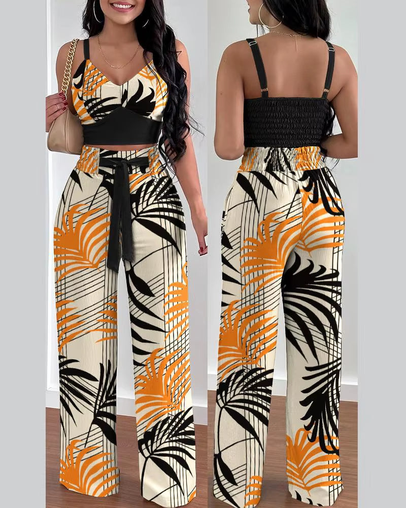 2 Piece Outfits for Women 2025 Sexy V-Neck Strap Shirred Slim Crop Top & Lace-Up Wide Leg Pants Sets Elegant Office Lady Suit