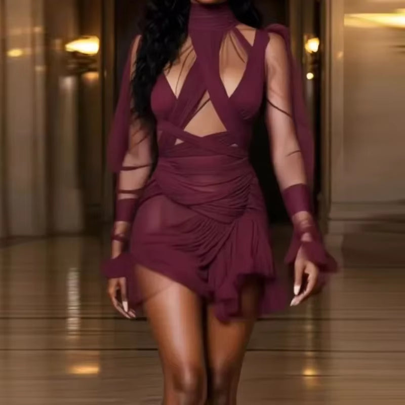 Fashion High Collar Draped Ruffle Mini Dress Elegant Hight Waist Solid Color Short Dress Casual Long Sleeve Women'S Party Dress