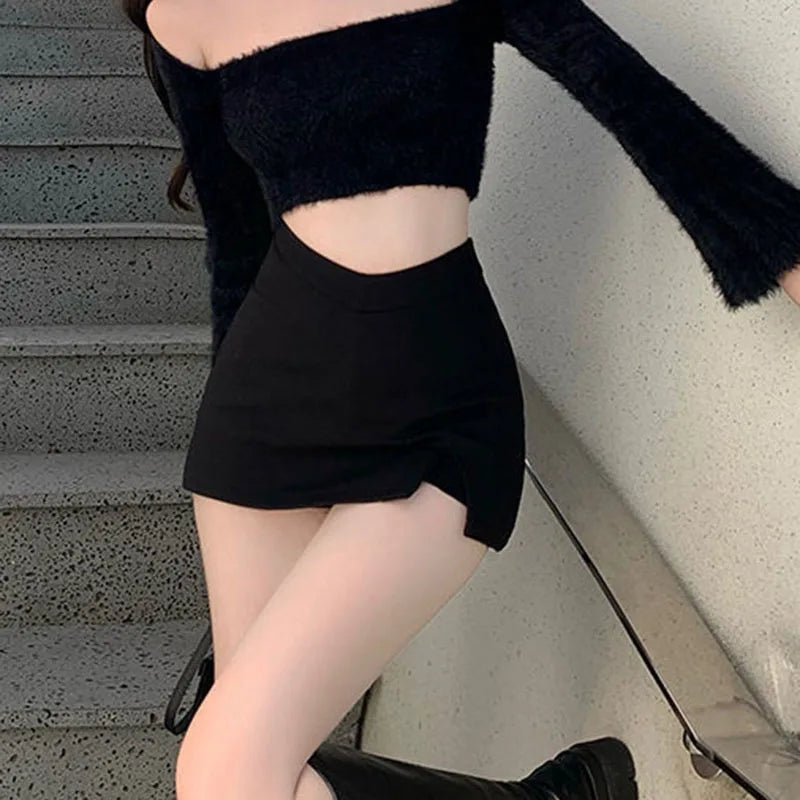 Black Split Mini Skirts Women Summer Sexy Club High Waist Slit Skirt Streetwear Korean Party Fashion Irregular Slim a Line Skirt
