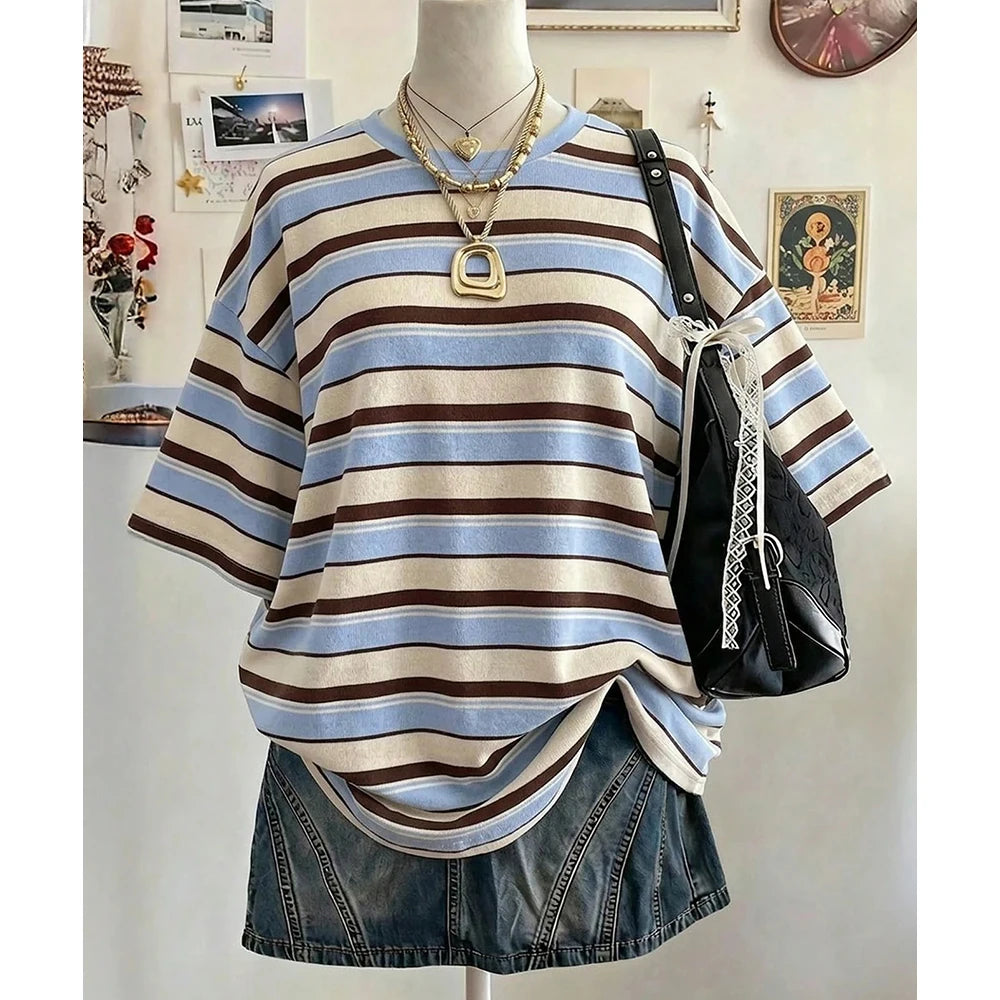 Summer New Y2K Striped 3D Print Casual Oversized Mid-Length round Neck Drop Shoulder Women Tee Street Fashion Casual Sports Top﻿