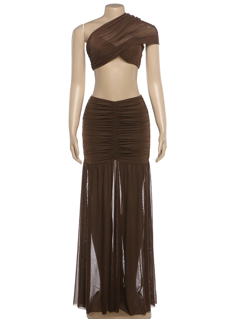 Fashion Ruched Elegant 2 Piece Set Woman Mesh Patchwork Skew Collar Backless Crop Tops+A-Line Long Skirt Prom Party Suit