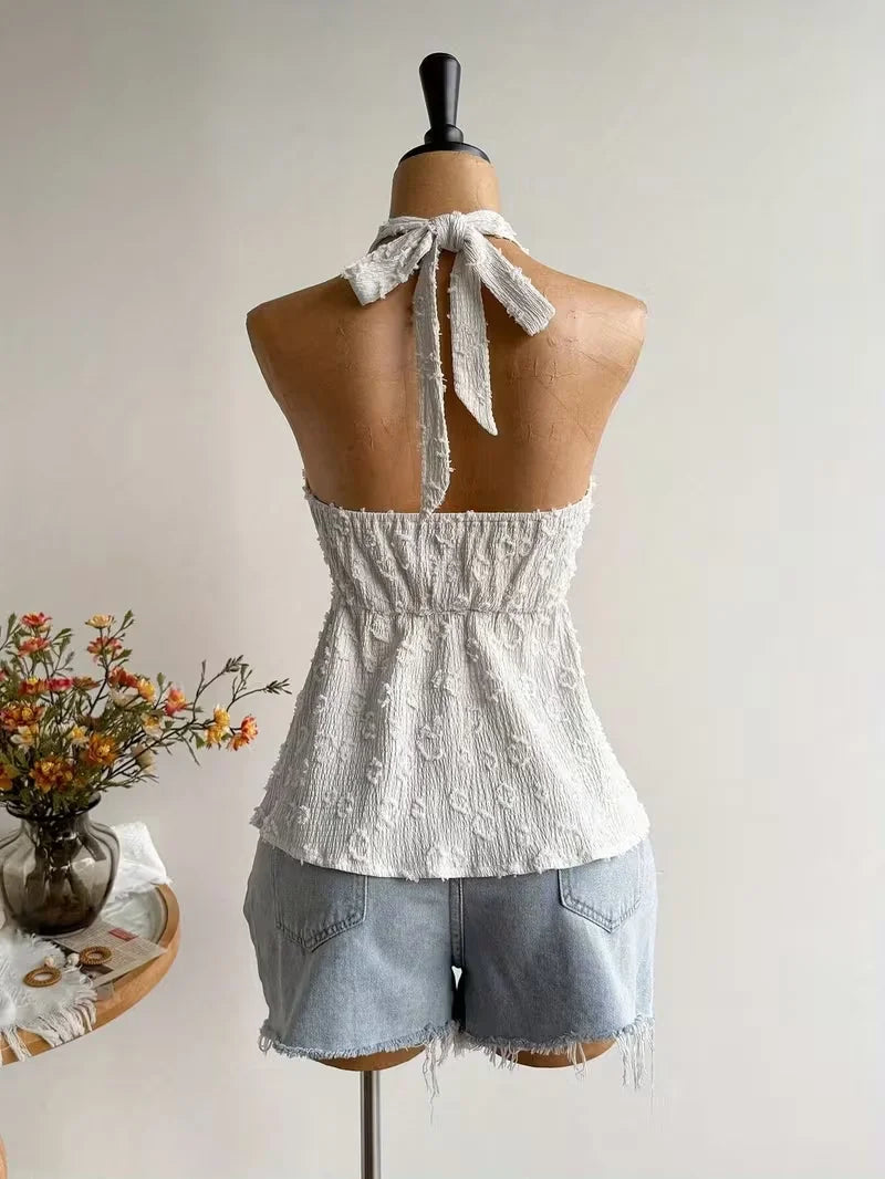 Ladies' Summer V-Neck Lace Neck Strap off Shoulder Leisure Vacation Easter Beach Wear Music Festival Top