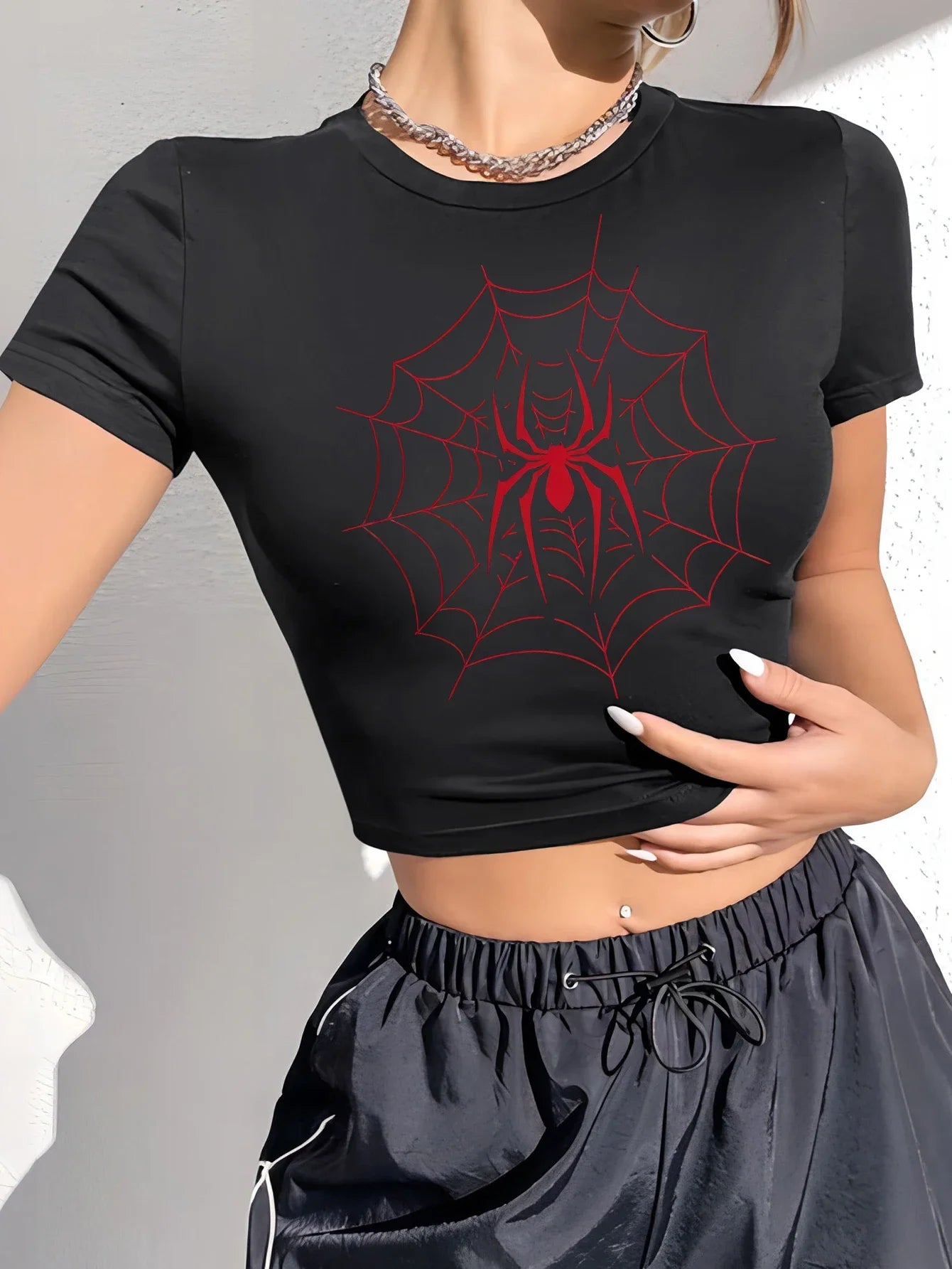 Women'S Spider Print round Neck Short Sleeve Slim Fit Cropped Top T-Shirt Women Clothes Aesthetic Clothes