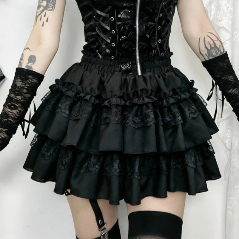 Women Mini Skirt Black Skort Tiered Ruffled Lace Trim Mini Skirt with Built-In Shorts Shoujo Girl Coquette Balletcore Summer