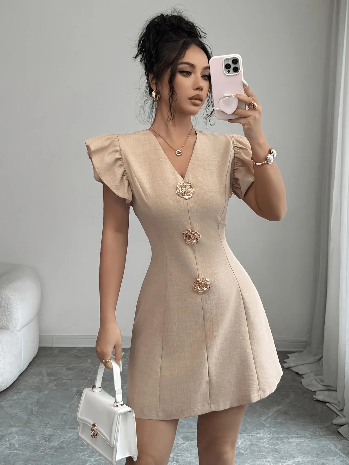 Stylish V Neck Mini Dress with Metal Buttons Flutter Short Sleeve Elegant Slim Fit Party Casual Short Dress for Women