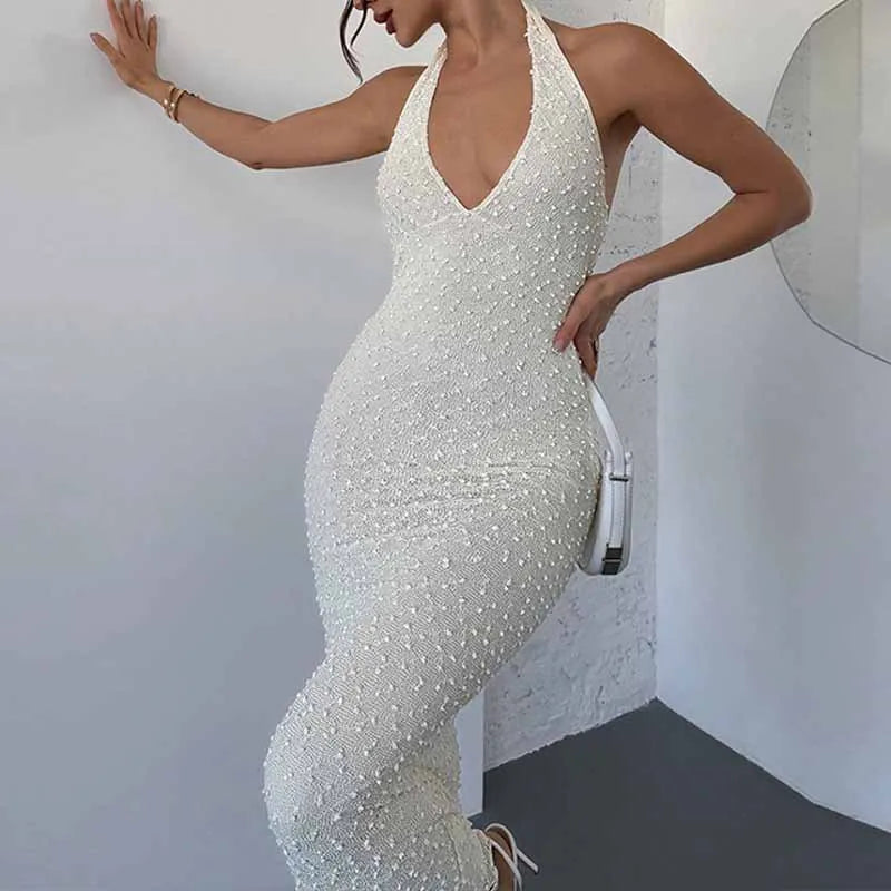 Summer New Fashion Temperament, Advanced Elegance, Classic V-Neck Backless Design, Hanging Neck, Summer Long Dress, Female Sexy