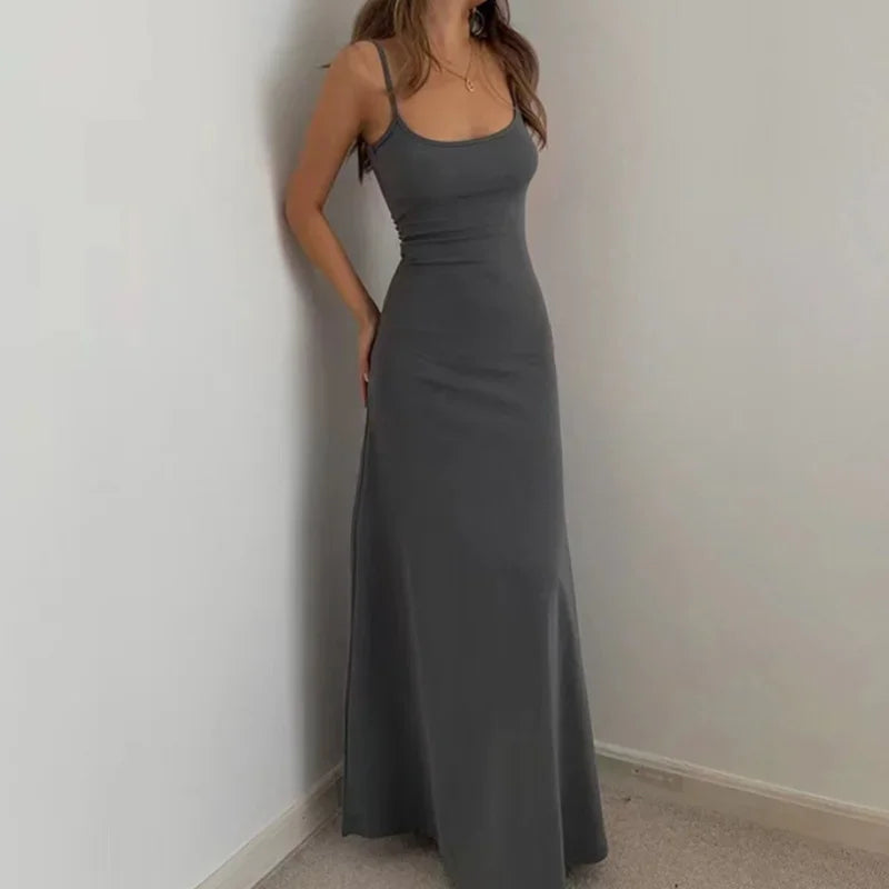 Summer Women'S New Style Fashionable Simple Temperament Sling Long Backless Thin Waist Sexy Sweet Spicy Long Casual Dress