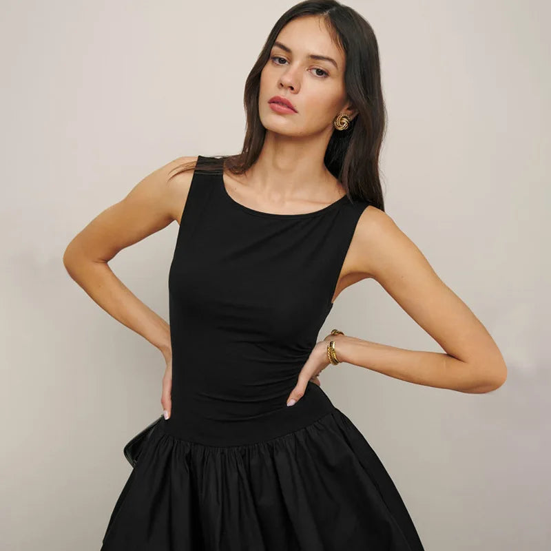 Summer New Pure Color round Neck Sleeveless Splice Slim Fashion Short Dress Women'S Cross-Border European and American Style