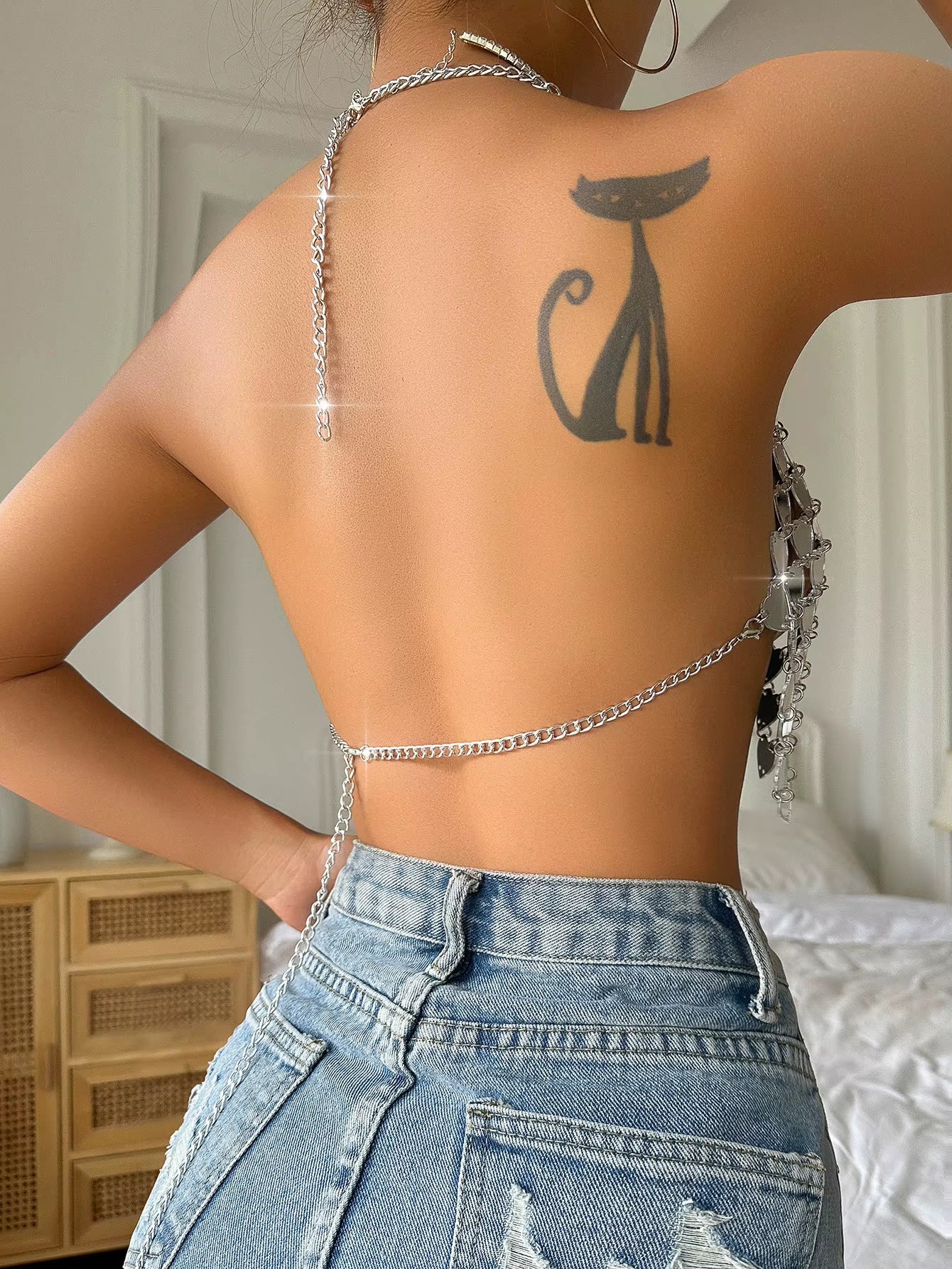 European American Fashion Heart Shaped Vest Glitter Silver Color Top Dance Floor Jewelry Party Acrylic Sexy Wear Backless Sling