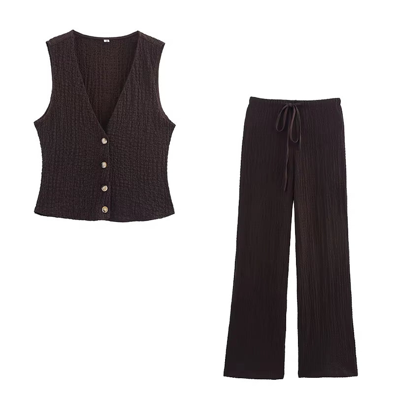 Women Fashion 2 Piece Set Solid Single Breasted Tank Tops & Vintage High Elastic Waist Pants Female Chic Pants Suit