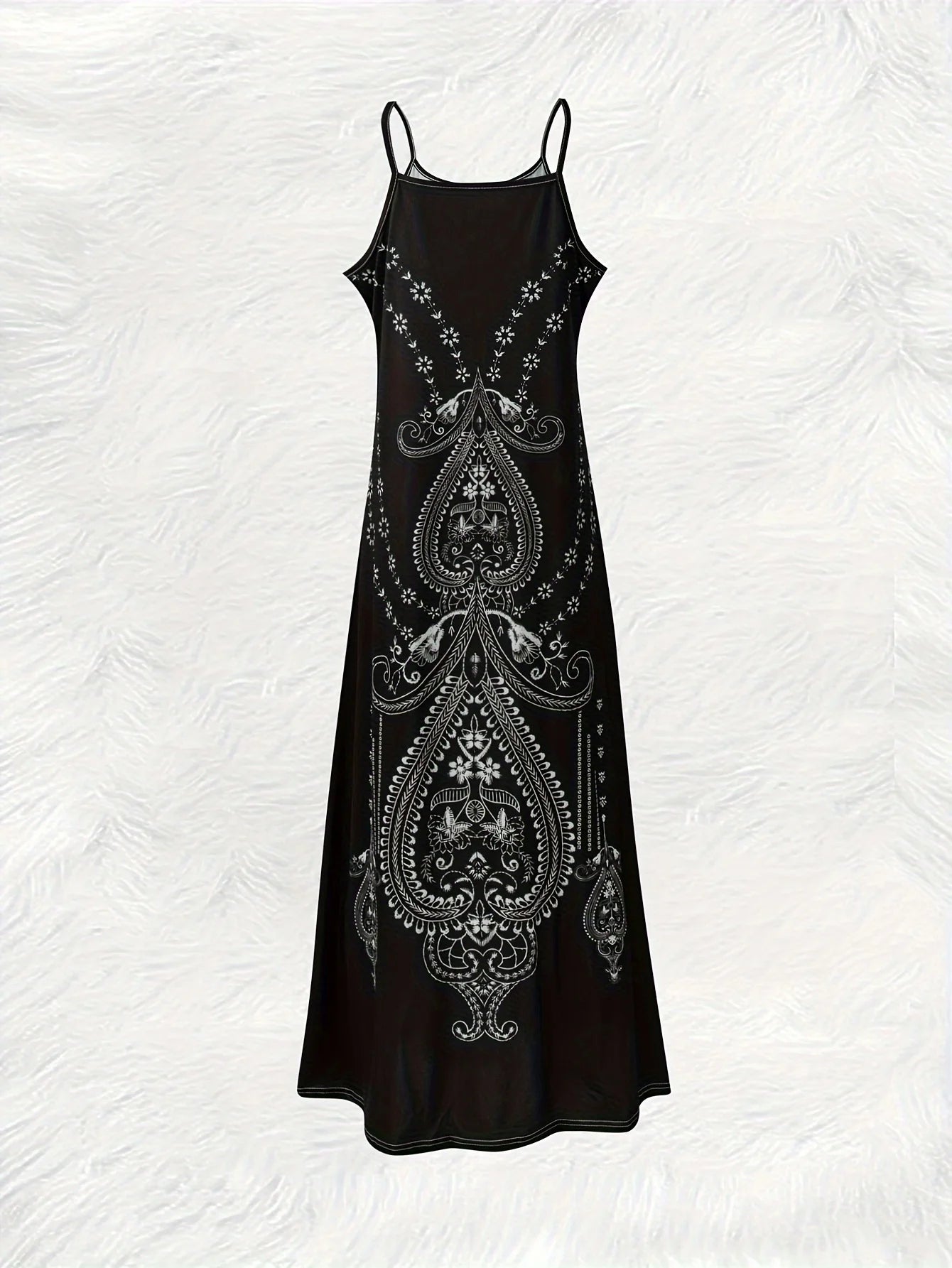 Printed Design Summer Vacation Style Black and White Paisley Pattern Pattern Content round Neck Spaghetti Strap Dress