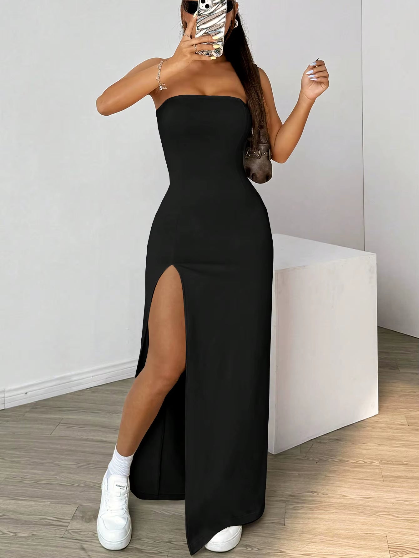 Elegant Ladies Strapless Camisole Slit Simple Basic Solid Color Long Dress, Ideal for Casual and Semi-Formal Occasions
