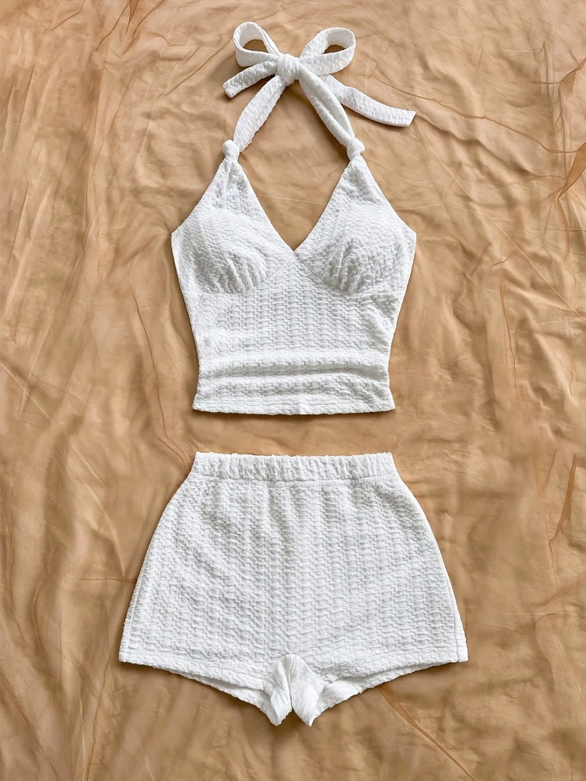 Summer White Halter Top and Shorts Set, Casual Beach Outfit