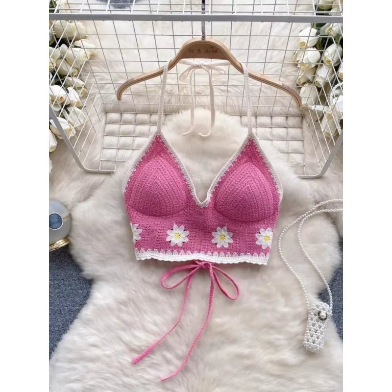 Vacation Style Camis Vest Women Patchwork Sweet Hook Flower Sexy Backless Suspender Camisole Hanging Neck Outwear Crop Tops