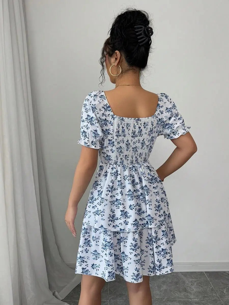 Women'S Casual Ditsy Floral Mini Dress round Neck Short Sleeve Elastic Waist Ruffle Hem Summer Dress for Daily Vacation