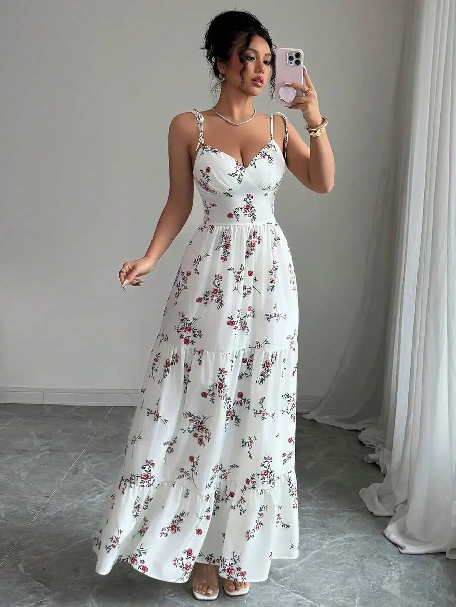 Women'S Ditsy Floral Ruffle Hem Sleeveless Dress Vacation Appropriate Casual Maxi Gown for Spring/Summer