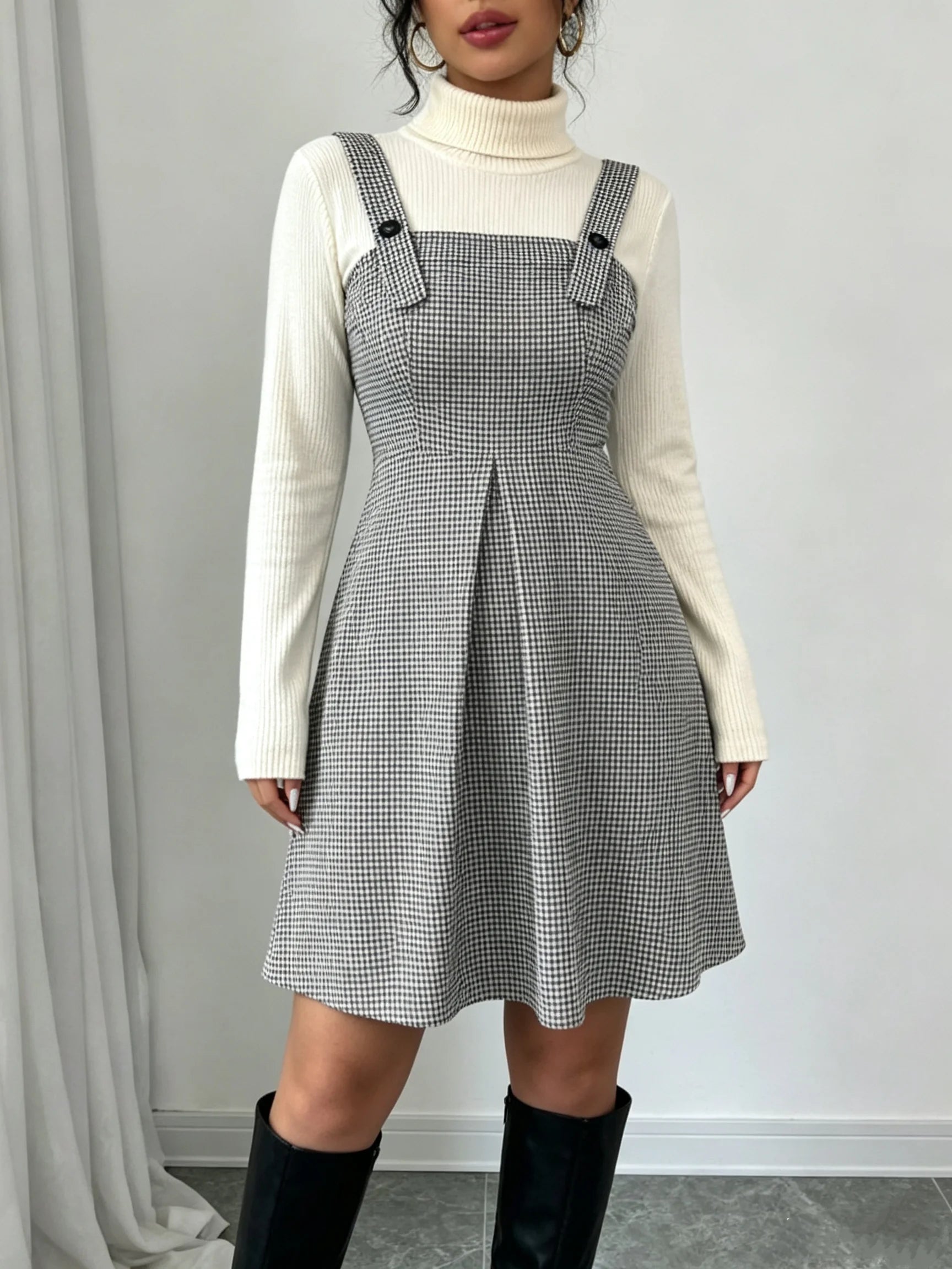 Women Vintage Houndstooth Pinafore Dress High Waist A-Line Mini Dress Adjustable Button Strap Sleeveless Suspender Skirt