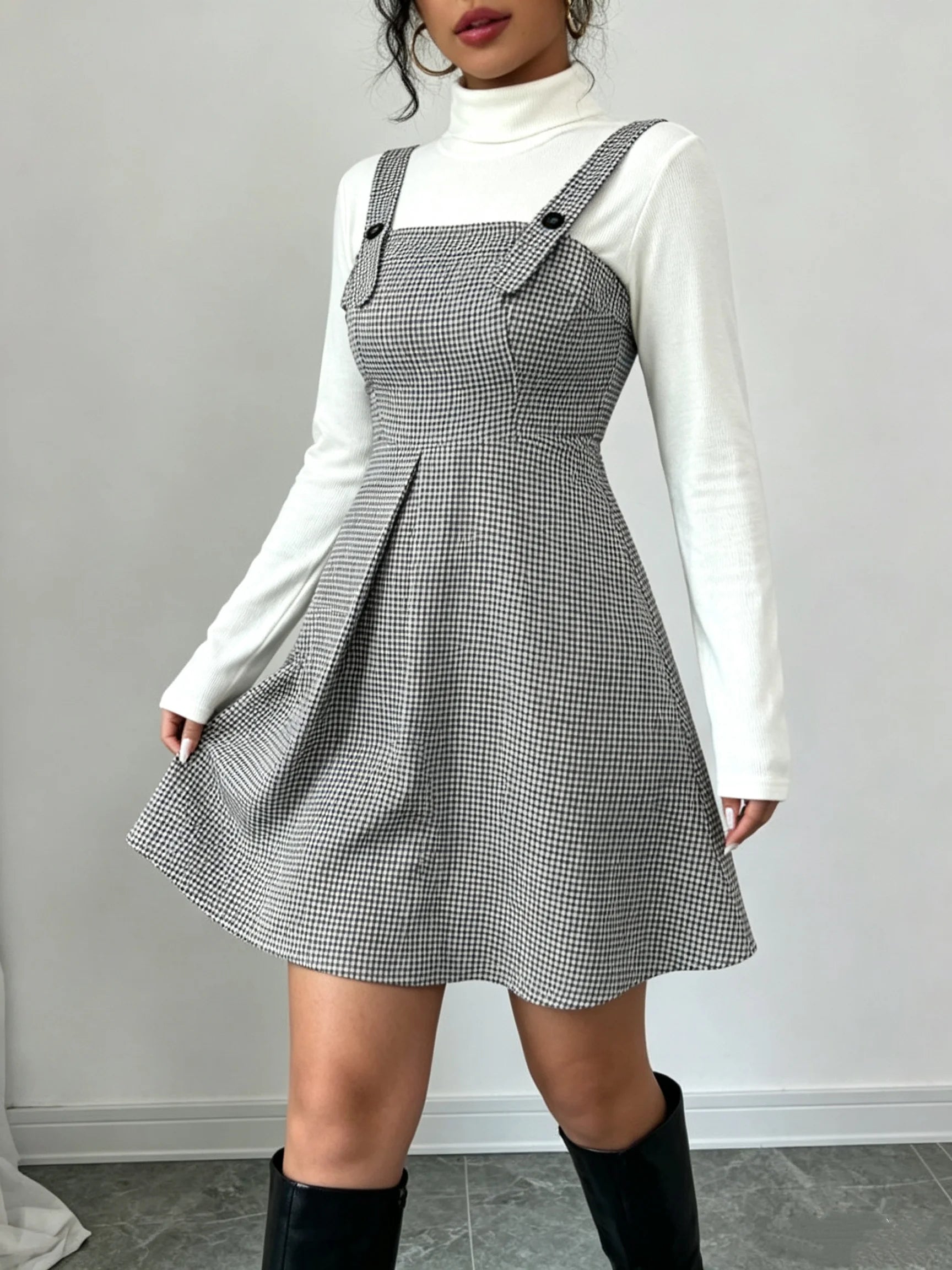 Women Vintage Houndstooth Pinafore Dress High Waist A-Line Mini Dress Adjustable Button Strap Sleeveless Suspender Skirt