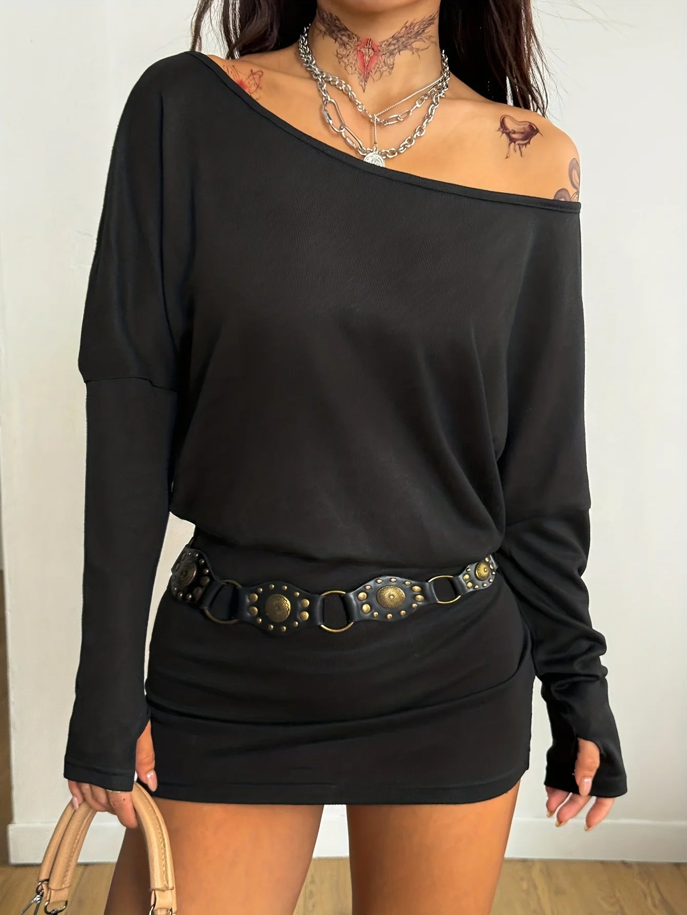 Women'S Y2K Fall Asymmetric Shoulder Batwing Sleeve Mini Dress Casual Daily Black Irregular Hemline No Belt Included