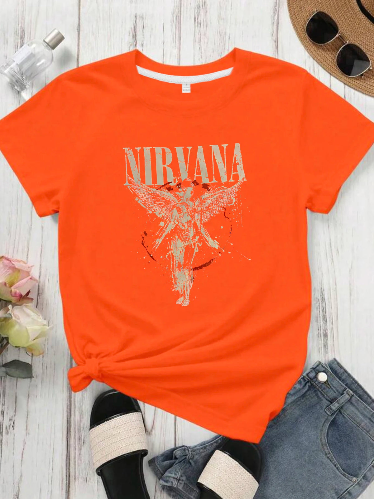【0933】 Letters and Angels round Neck Women'S T-Shirt Short Sleeves Fashion Printed Half-Sleeve Top Elastic T-Shirt