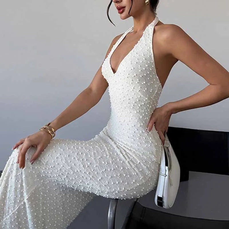 Summer New Fashion Temperament, Advanced Elegance, Classic V-Neck Backless Design, Hanging Neck, Summer Long Dress, Female Sexy