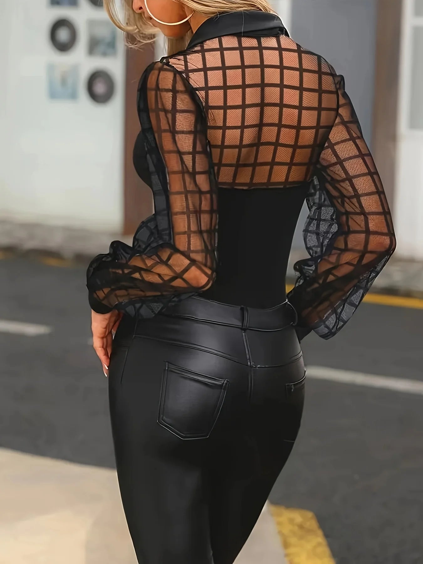Fashionable Temperament Commuting Black Grid Long-Sleeved Mesh Top