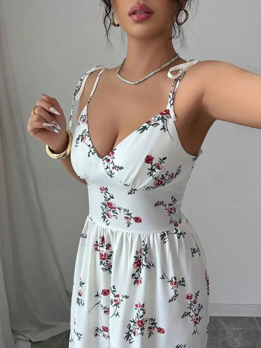Women'S Ditsy Floral Ruffle Hem Sleeveless Dress Vacation Appropriate Casual Maxi Gown for Spring/Summer