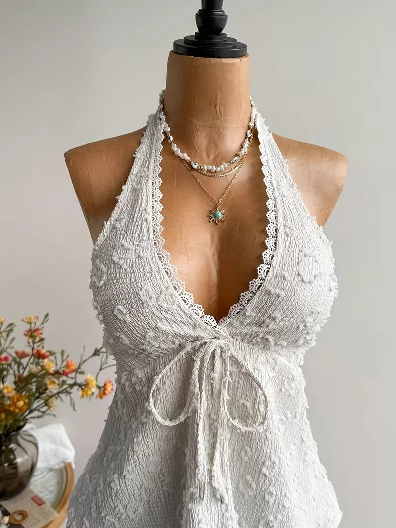 Ladies' Summer V-Neck Lace Neck Strap off Shoulder Leisure Vacation Easter Beach Wear Music Festival Top