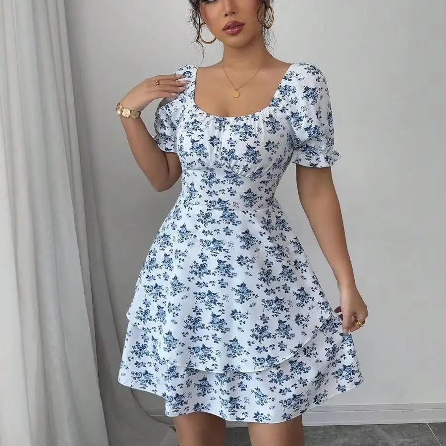 Women'S Casual Ditsy Floral Mini Dress round Neck Short Sleeve Elastic Waist Ruffle Hem Summer Dress for Daily Vacation
