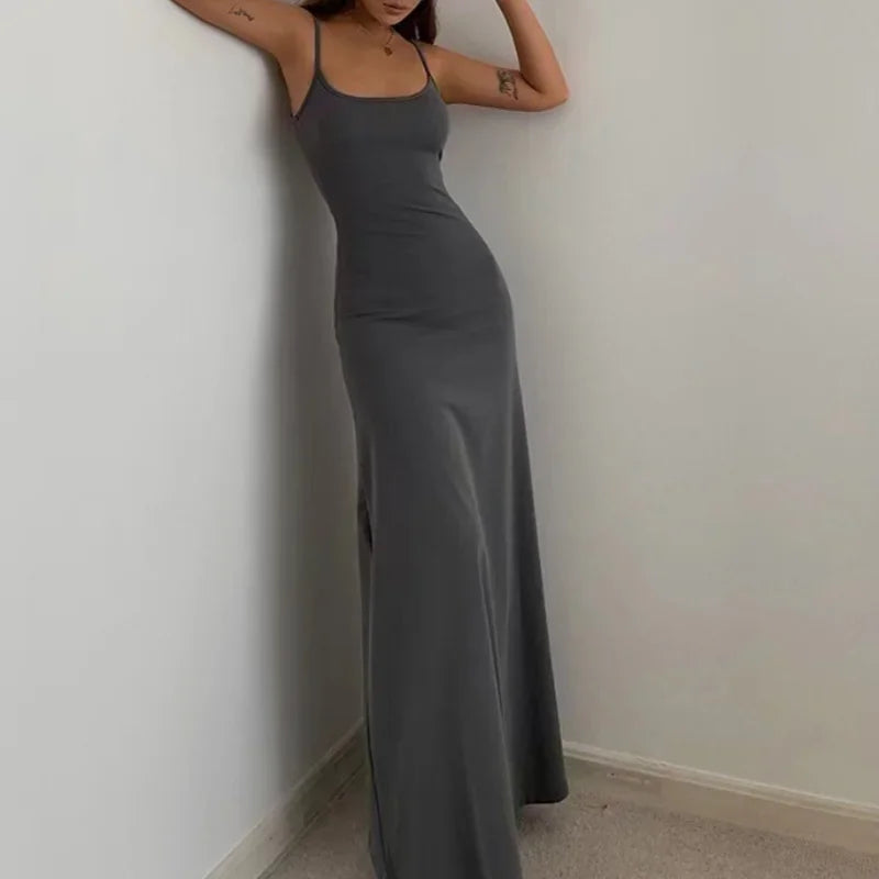 Summer Women'S New Style Fashionable Simple Temperament Sling Long Backless Thin Waist Sexy Sweet Spicy Long Casual Dress