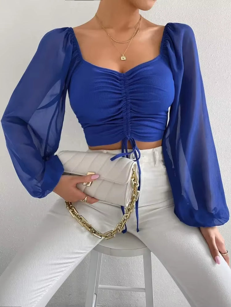 Sexy V-Neck Women Blouses Drawstring Long Sleeve Crop Tops Ladies Fashion Summer Short Shirt Woman Clothes Blusas Camisas Mujer