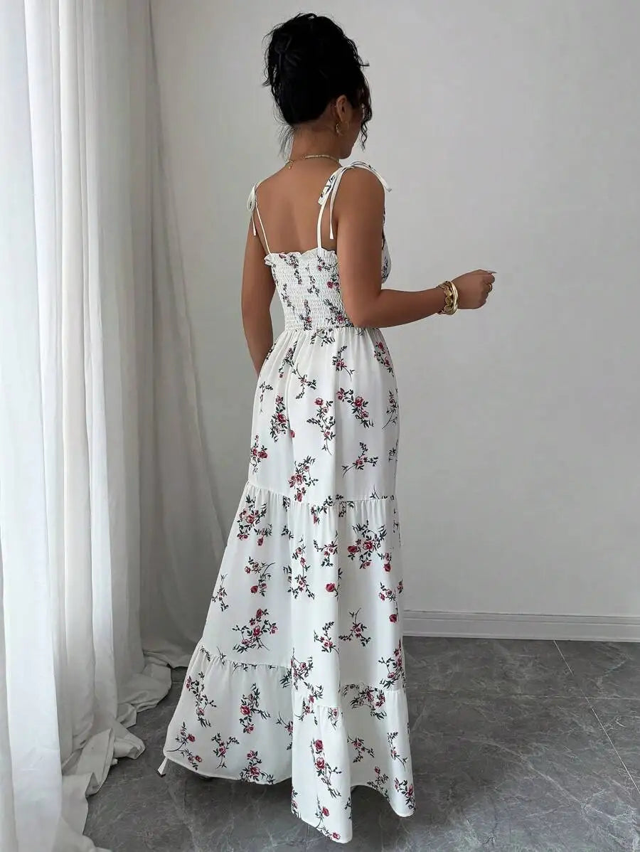 Women'S Ditsy Floral Ruffle Hem Sleeveless Dress Vacation Appropriate Casual Maxi Gown for Spring/Summer