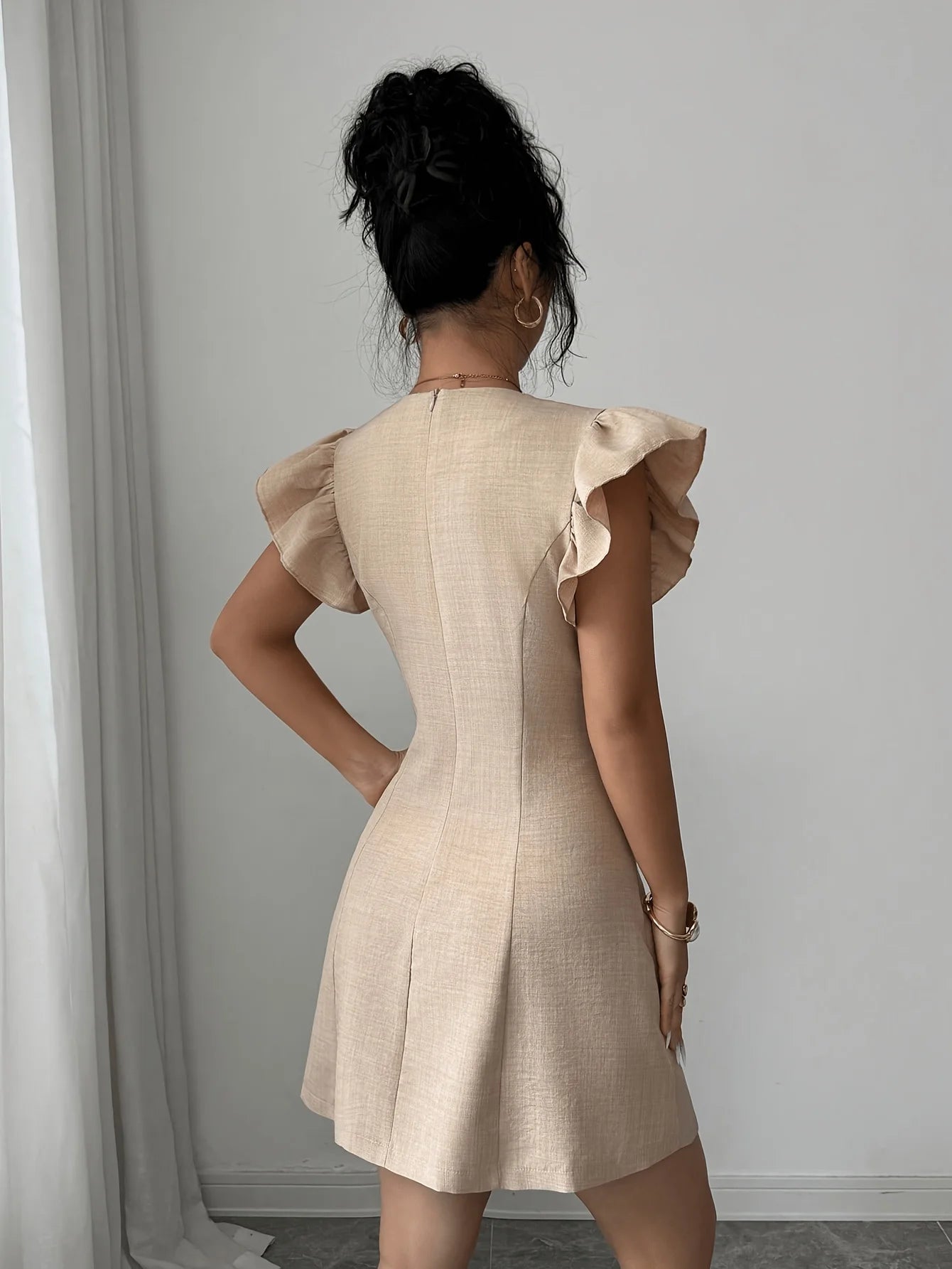 Stylish V Neck Mini Dress with Metal Buttons Flutter Short Sleeve Elegant Slim Fit Party Casual Short Dress for Women