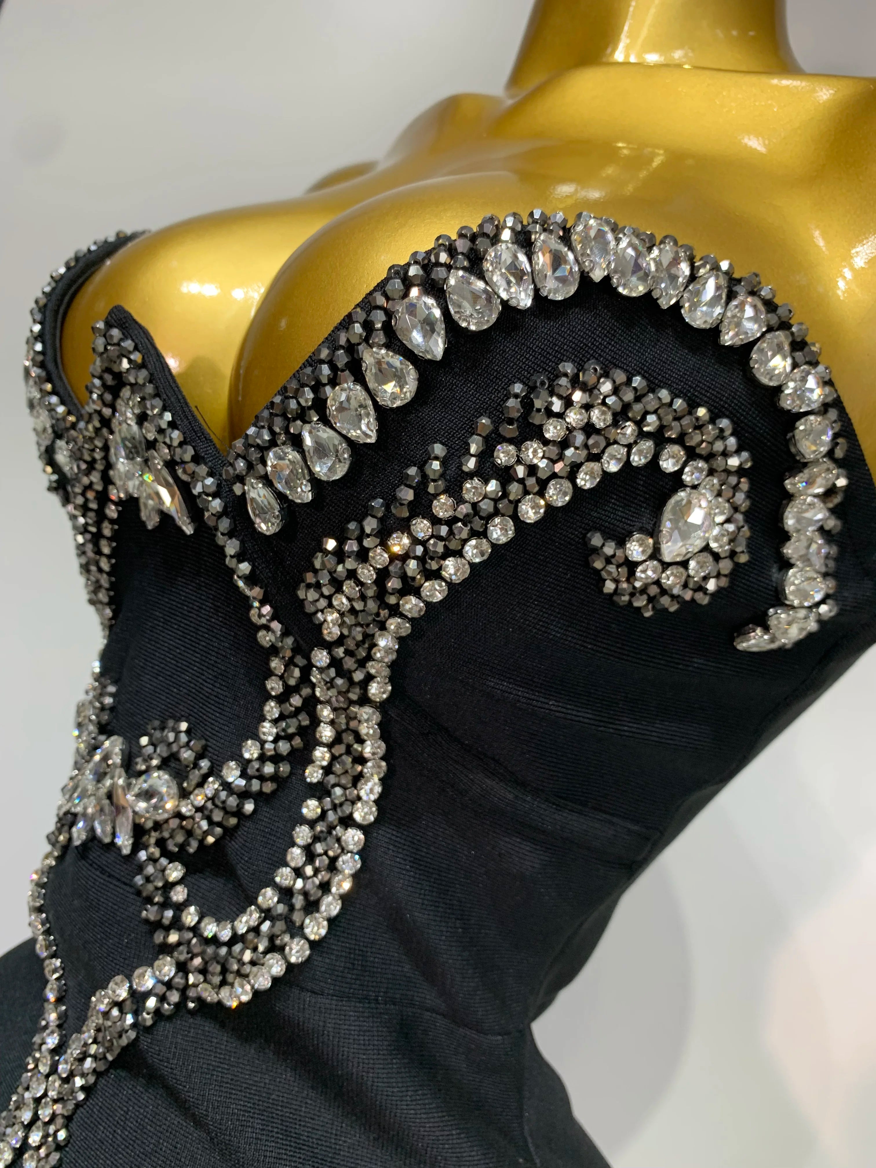 Celebrity Elegant Beading Strapless Bodycon Bandage Dress Women Fancy Club Party Luxury Diamonds Evening Party Birthday Dresses