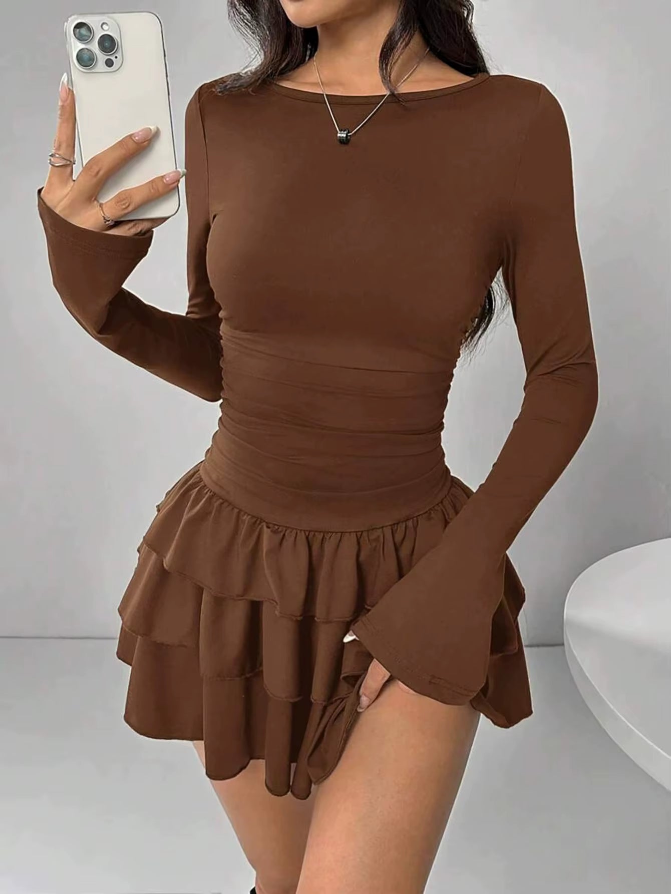 2025 New Fashion Solid Color Long Sleeve Ruched Bodycon Mini Dress Tiered Ruffle Hem Casual Short Dresses for Women