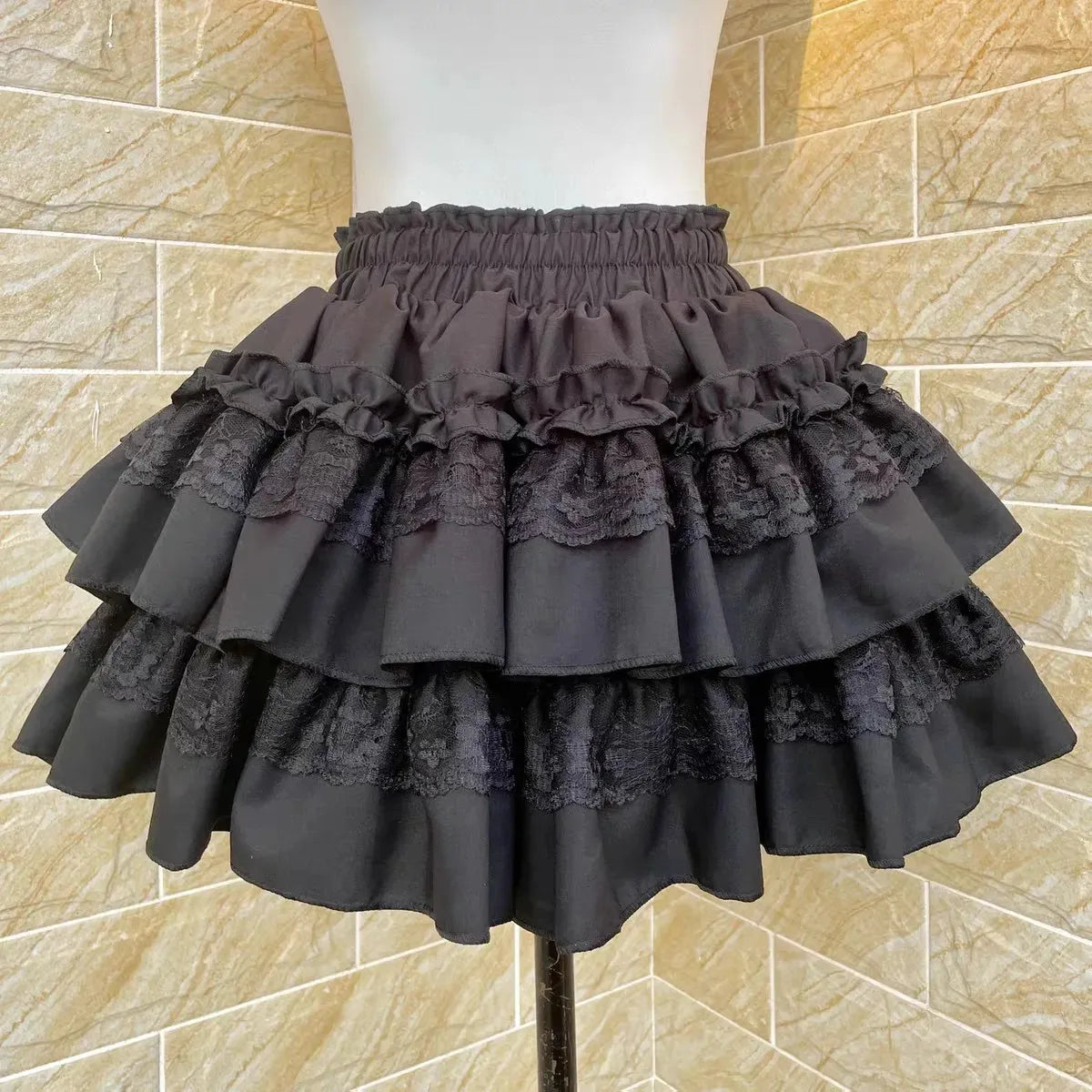 Women Mini Skirt Black Skort Tiered Ruffled Lace Trim Mini Skirt with Built-In Shorts Shoujo Girl Coquette Balletcore Summer