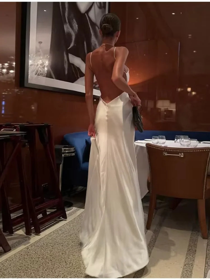 Solid Satin Backless Evening Party Sling Dress Women White V Neck Sleeveless Slit Strap Dresses 2026 Summer Lady Formal Robes