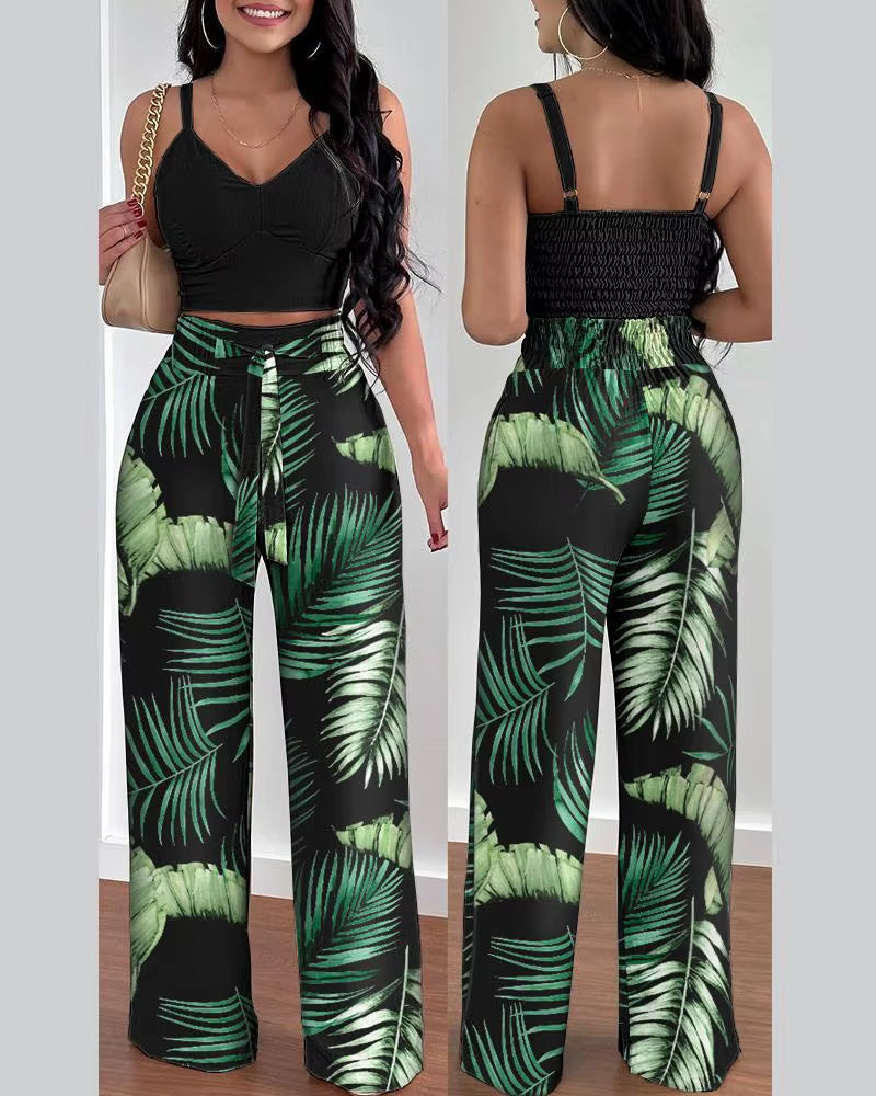 2 Piece Outfits for Women 2025 Sexy V-Neck Strap Shirred Slim Crop Top & Lace-Up Wide Leg Pants Sets Elegant Office Lady Suit