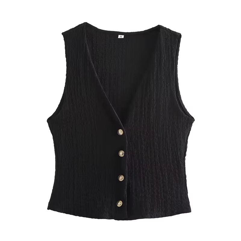 Women Fashion 2 Piece Set Solid Single Breasted Tank Tops & Vintage High Elastic Waist Pants Female Chic Pants Suit