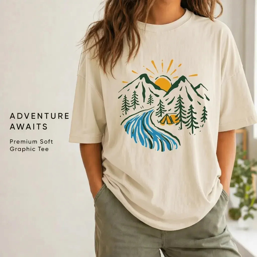 Women'S Mountain Camping Graphic T Shirt 100% Cotton Oversized Crew Neck Short Sleeve Outdoor Adventure Tee