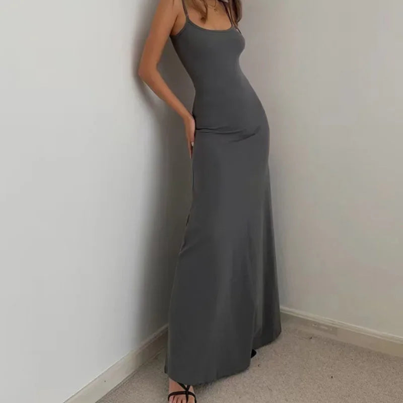 Summer Women'S New Style Fashionable Simple Temperament Sling Long Backless Thin Waist Sexy Sweet Spicy Long Casual Dress
