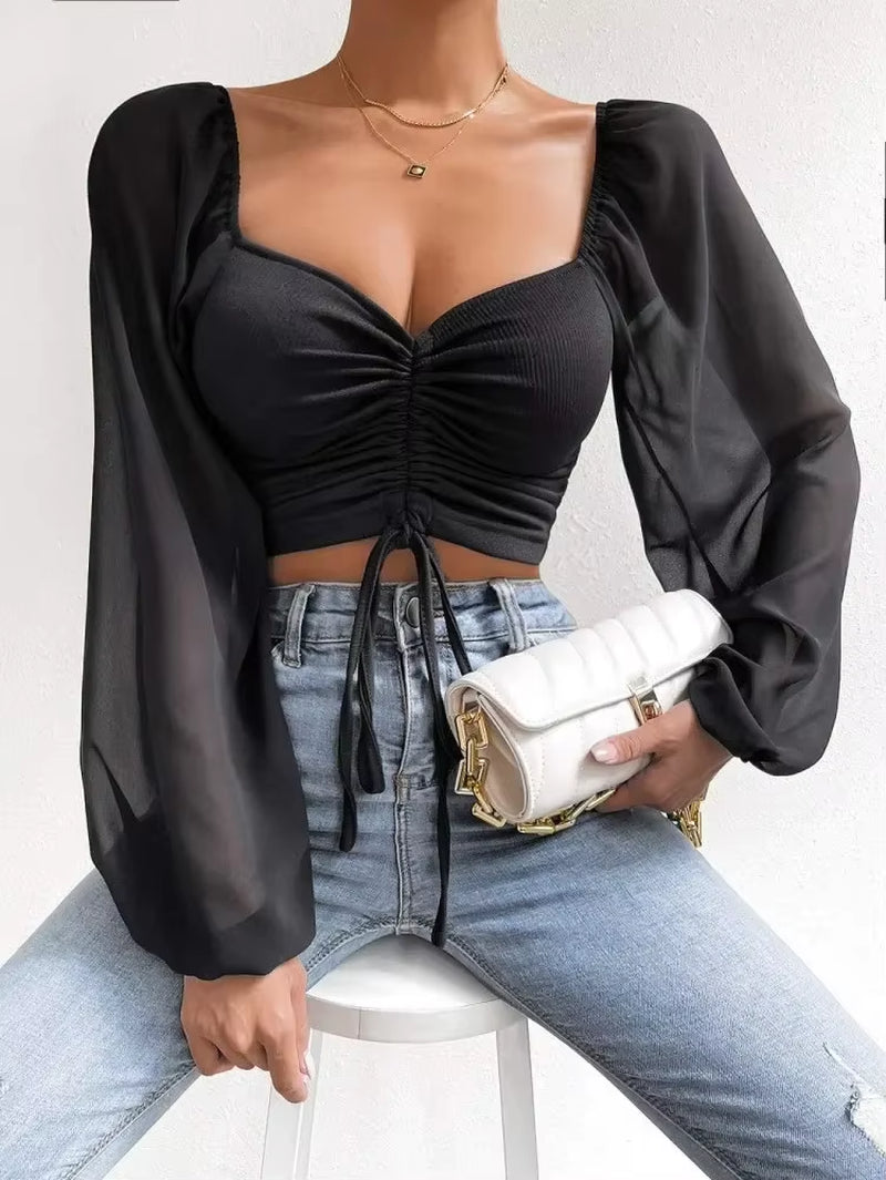Sexy V-Neck Women Blouses Drawstring Long Sleeve Crop Tops Ladies Fashion Summer Short Shirt Woman Clothes Blusas Camisas Mujer