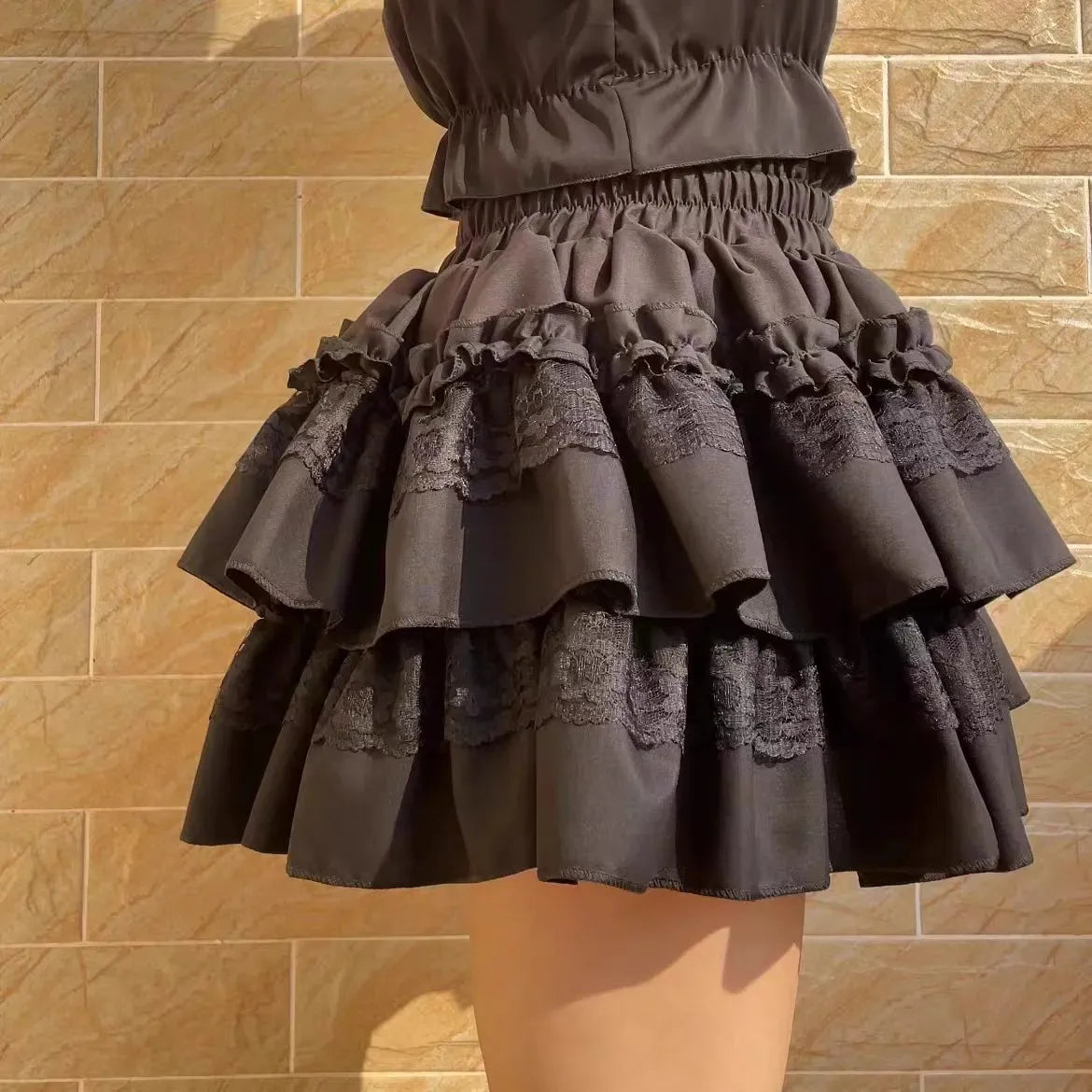 Women Mini Skirt Black Skort Tiered Ruffled Lace Trim Mini Skirt with Built-In Shorts Shoujo Girl Coquette Balletcore Summer