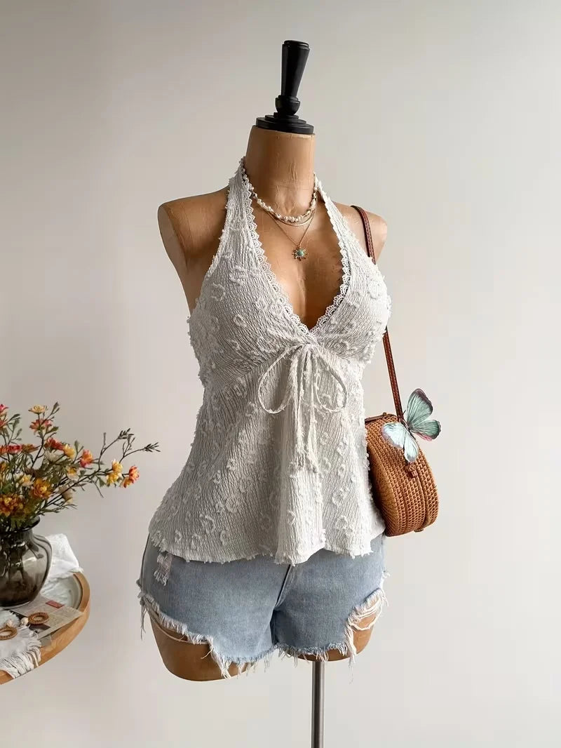 Ladies' Summer V-Neck Lace Neck Strap off Shoulder Leisure Vacation Easter Beach Wear Music Festival Top