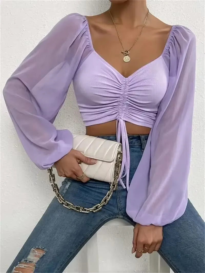 Sexy V-Neck Women Blouses Drawstring Long Sleeve Crop Tops Ladies Fashion Summer Short Shirt Woman Clothes Blusas Camisas Mujer