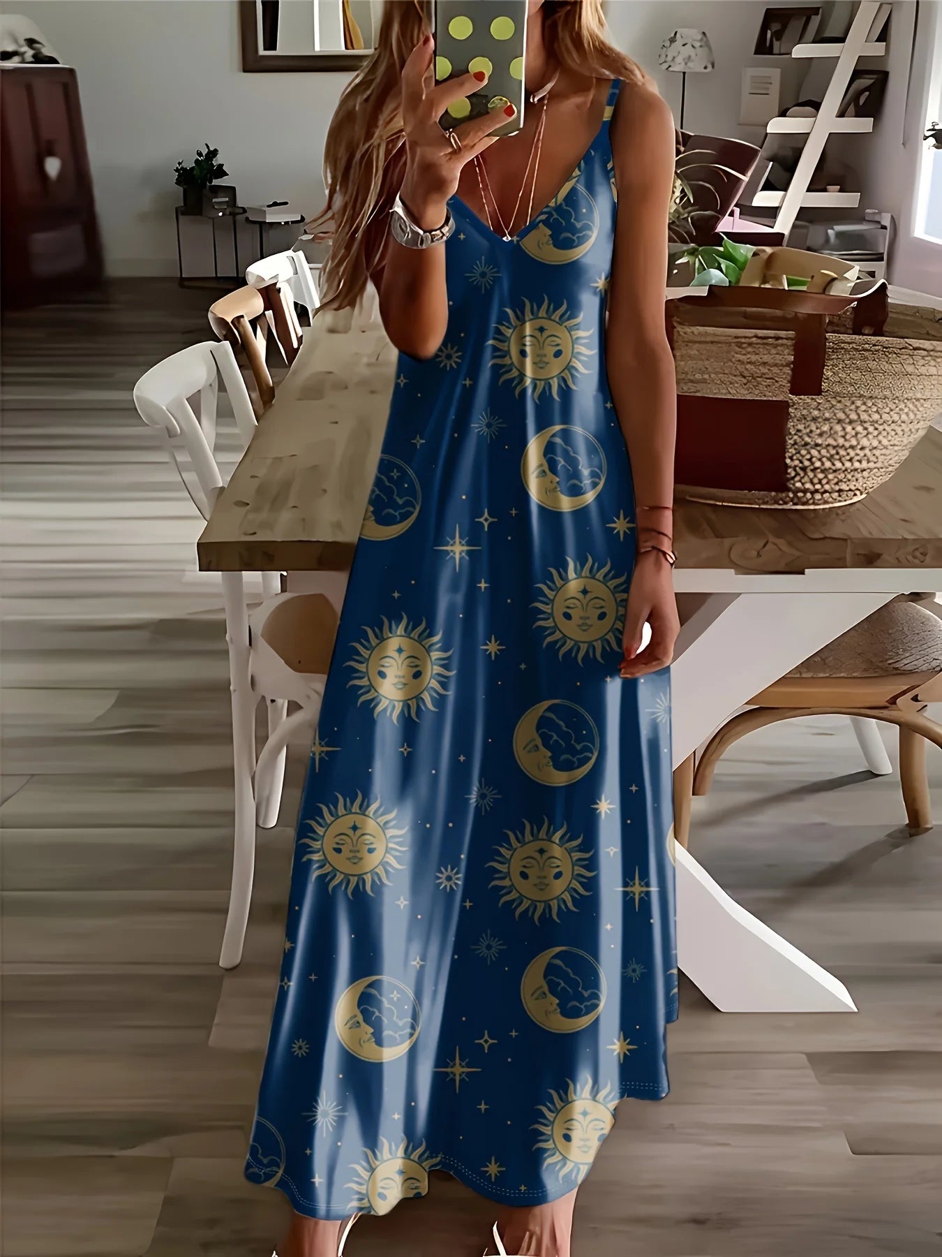 Printed Design Four Seasons Casual Style Sun Moon Stars Pattern Print V-Neck Sling Dress
