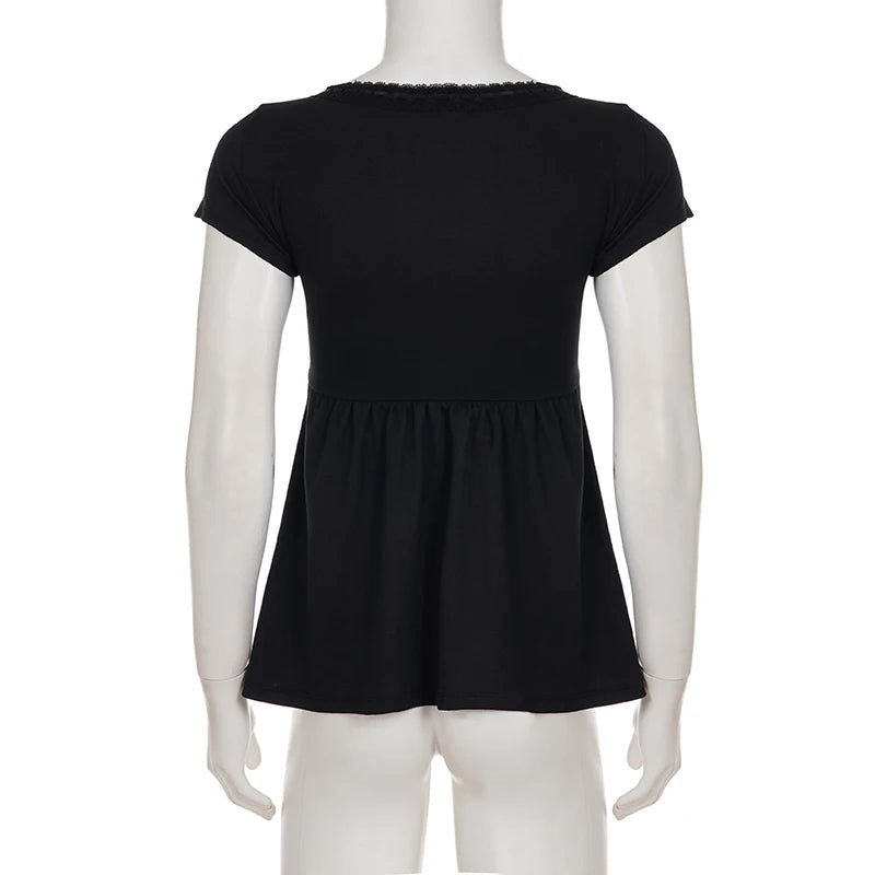 SUCHCUTE Black Lace Patchwork V-Neck Short Sleeve Tees for Women All Match Solid Basic Tops Summer Outfits Y2K T-Shirt Casual