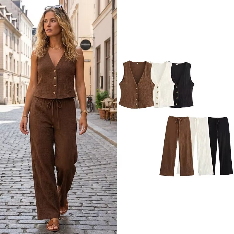 Women Fashion 2 Piece Set Solid Single Breasted Tank Tops & Vintage High Elastic Waist Pants Female Chic Pants Suit