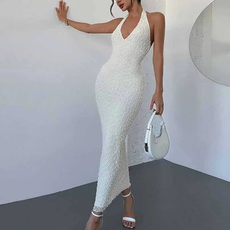 Summer New Fashion Temperament, Advanced Elegance, Classic V-Neck Backless Design, Hanging Neck, Summer Long Dress, Female Sexy